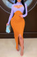 Orange Fashion Sexy Patchwork Solid Hollowed Out Slit Turtleneck Long Sleeve Two Pieces