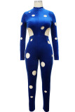 Colorful Blue Fashion Sexy Solid Hollowed Out Zipper Collar Skinny Jumpsuits