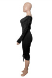 Black Fashion Sexy Solid Bandage Draw String V Neck Long Sleeve Dresses