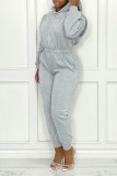 Grey Casual Patchwork Zipper Hooded Collar Regular Jumpsuits