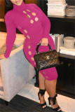 Rose Red Fashion Casual Solid Hollowed Out Turtleneck Long Sleeve Dresses