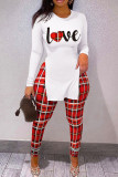 White Casual Print Slit Letter O Neck Long Sleeve Two Pieces