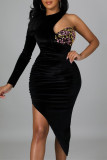 Black Fashion Sexy Patchwork Hollowed Out Asymmetrical O Neck Evening Dress