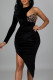 Black Fashion Sexy Patchwork Hollowed Out Asymmetrical O Neck Evening Dress