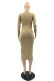 Rose Red Fashion Casual Solid Hollowed Out Turtleneck Long Sleeve Dresses