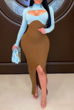 Orange Fashion Sexy Patchwork Solid Hollowed Out Slit Turtleneck Long Sleeve Two Pieces