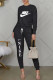 Black Fashion Casual Print Letter O Neck Long Sleeve Two Pieces