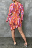 Colour Fashion Sexy Print Hollowed Out O Neck Long Sleeve Dresses