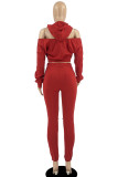 Red Sexy Solid Bandage Split Joint Backless Zipper Hooded Collar Long Sleeve Two Pieces