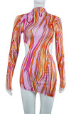 Colour Fashion Sexy Print Hollowed Out O Neck Long Sleeve Dresses
