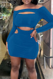 Blue Sexy Solid Hollowed Out Patchwork Off the Shoulder Pencil Skirt Dresses