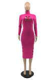 Rose Red Fashion Casual Solid Hollowed Out Turtleneck Long Sleeve Dresses