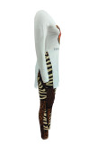 White Fashion Casual Print Slit O Neck Long Sleeve Two Pieces