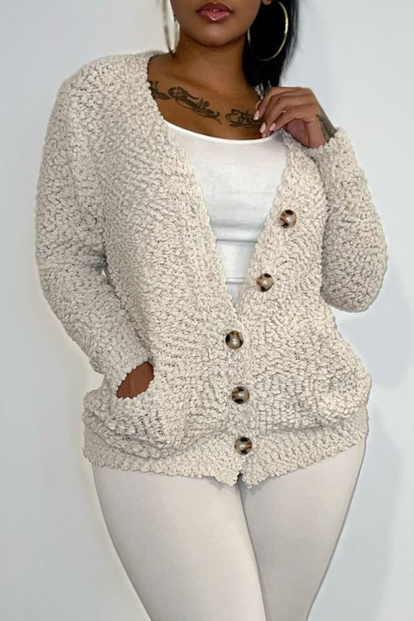 Cream White Casual Solid Patchwork Buckle V Neck Outerwear