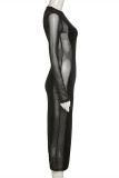 Black Fashion Sexy Patchwork See-through O Neck Long Sleeve Dresses
