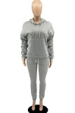 Grey Casual Solid Split Joint Fold Hooded Collar Long Sleeve Two Pieces