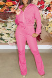 Rose Red Casual Solid Patchwork Zipper Long Sleeve Two Pieces