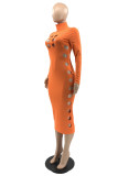 Rose Red Fashion Casual Solid Hollowed Out Turtleneck Long Sleeve Dresses