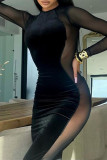 Black Fashion Sexy Patchwork See-through O Neck Long Sleeve Dresses