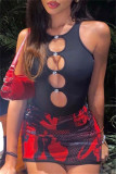 Black Sexy Casual Solid Hollowed Out O Neck Sleeveless Skinny Romper