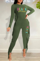 Green Fashion Casual Letter Print Tassel Split Joint O Neck Skinny Jumpsuits