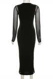 Black Fashion Sexy Patchwork See-through O Neck Long Sleeve Dresses