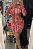 Colour Fashion Sexy Print Hollowed Out O Neck Long Sleeve Dresses