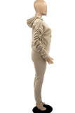 Grey Casual Solid Split Joint Fold Hooded Collar Long Sleeve Two Pieces