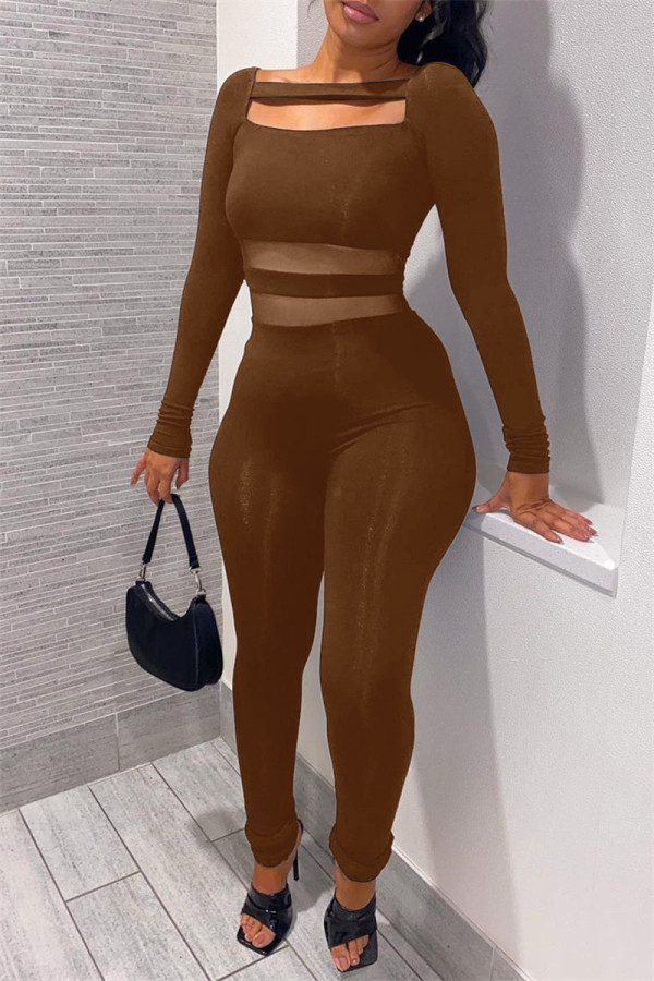 Brown Fashion Casual Patchwork Solid Hollowed Out O Neck Skinny Jumpsuits