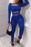 Blue Fashion Casual Patchwork Solid Hollowed Out O Neck Skinny Jumpsuits