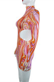 Colour Fashion Sexy Print Hollowed Out O Neck Long Sleeve Dresses