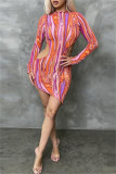 Colour Fashion Sexy Print Hollowed Out O Neck Long Sleeve Dresses