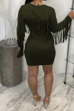 Red Fashion Casual Lips Printed Tassel Patchwork O Neck Long Sleeve Dresses