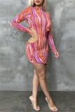 Colour Fashion Sexy Print Hollowed Out O Neck Long Sleeve Dresses