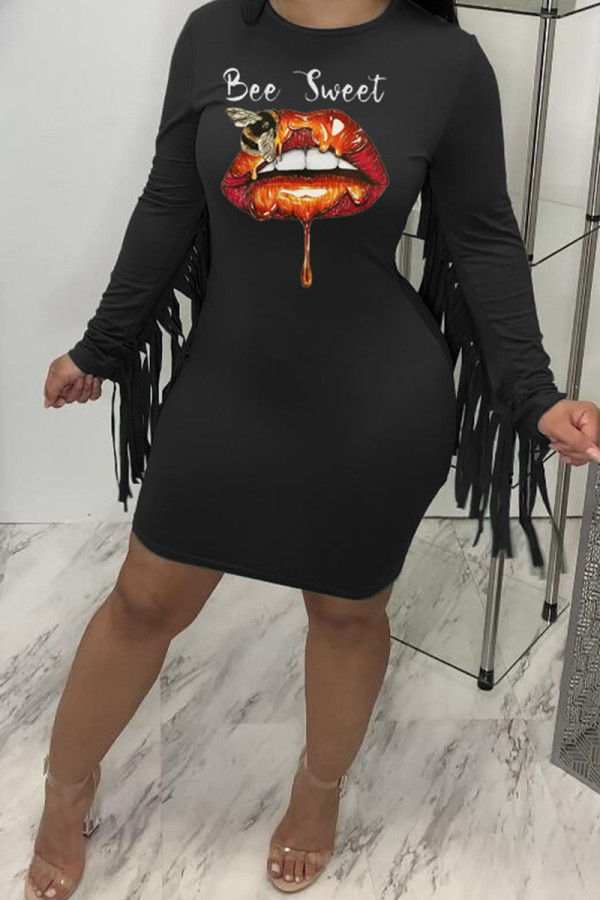 Black Fashion Casual Lips Printed Tassel Patchwork O Neck Long Sleeve Dresses