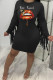 Black Fashion Casual Lips Printed Tassel Patchwork O Neck Long Sleeve Dresses
