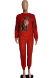 Red Casual Print Hollowed Out Patchwork O Neck Long Sleeve Two Pieces