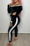 Black Sexy Solid Hollowed Out Patchwork Zipper U Neck Long Sleeve Two Pieces