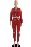 Red Sexy Solid Bandage Split Joint Backless Zipper Hooded Collar Long Sleeve Two Pieces