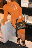 Rose Red Fashion Casual Solid Hollowed Out Turtleneck Long Sleeve Dresses