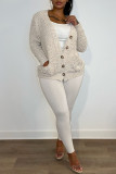 Cream White Casual Solid Patchwork Buckle V Neck Outerwear