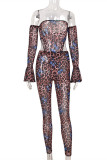 Multicolor Fashion Sexy Butterfly Print Backless Off the Shoulder Long Sleeve Two Pieces
