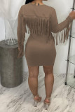 Red Fashion Casual Lips Printed Tassel Patchwork O Neck Long Sleeve Dresses