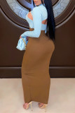 Orange Fashion Sexy Patchwork Solid Hollowed Out Slit Turtleneck Long Sleeve Two Pieces