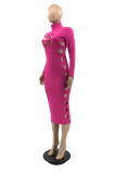 Rose Red Fashion Casual Solid Hollowed Out Turtleneck Long Sleeve Dresses