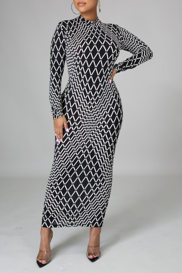 Black And White Sexy Print Patchwork Zipper Collar Pencil Skirt Dresses