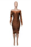 Brown Fashion Sexy Solid Bandage Draw String V Neck Long Sleeve Dresses
