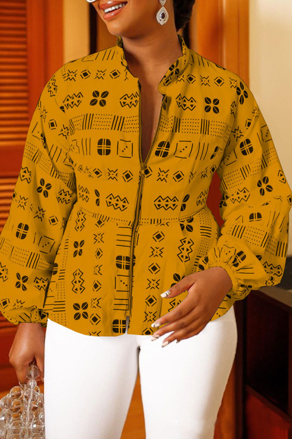 Tangerine Casual Print Patchwork Zipper Outerwear