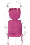 Rose Red Sexy Solid Draw String Backless Strapless Sleeveless Two Pieces