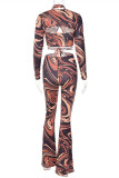 Colour Fashion Sexy Print Bandage Hollowed Out Asymmetrical Long Sleeve Two Pieces